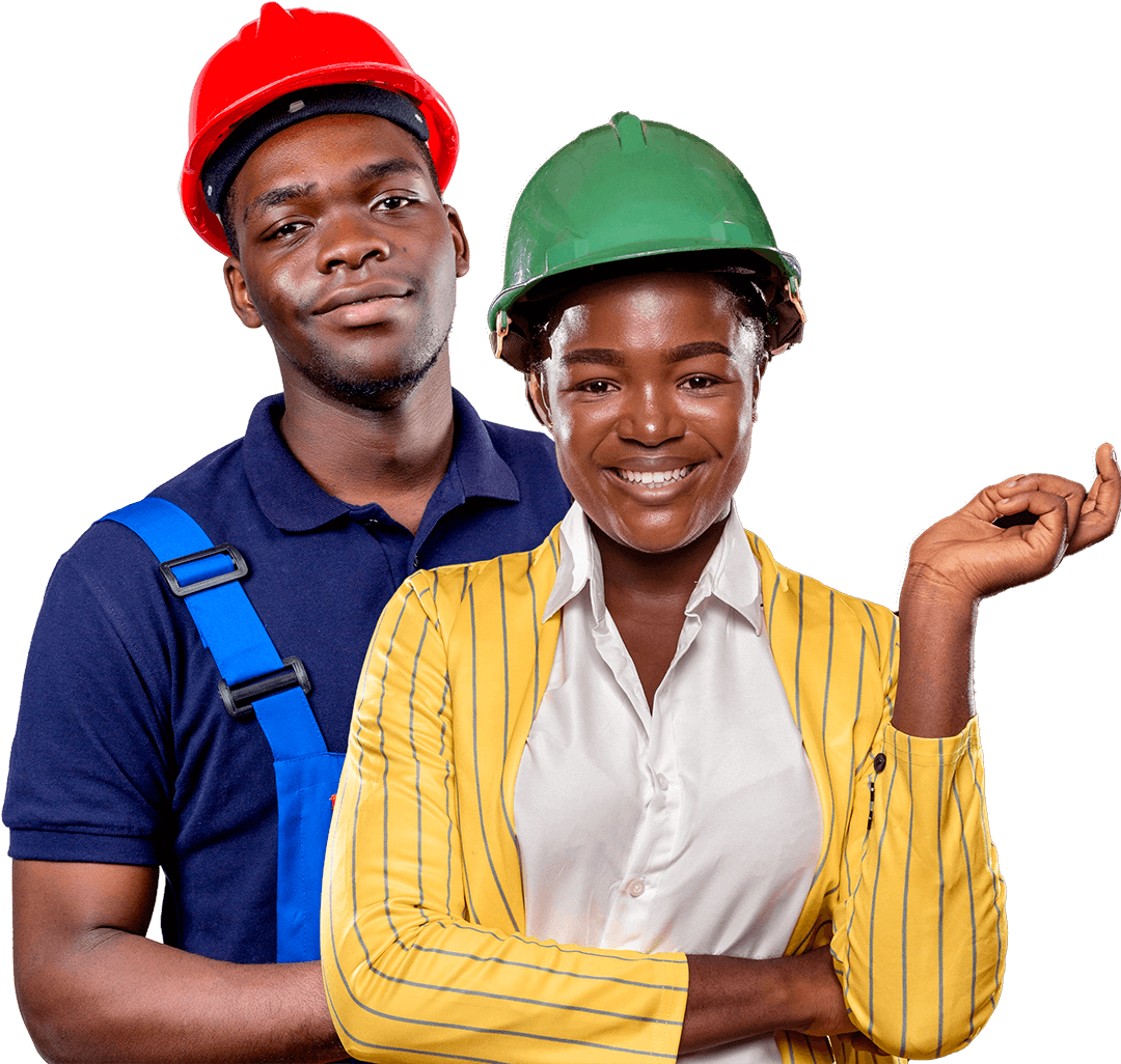 Jeune homme et femme africains portant un casque de sécurité